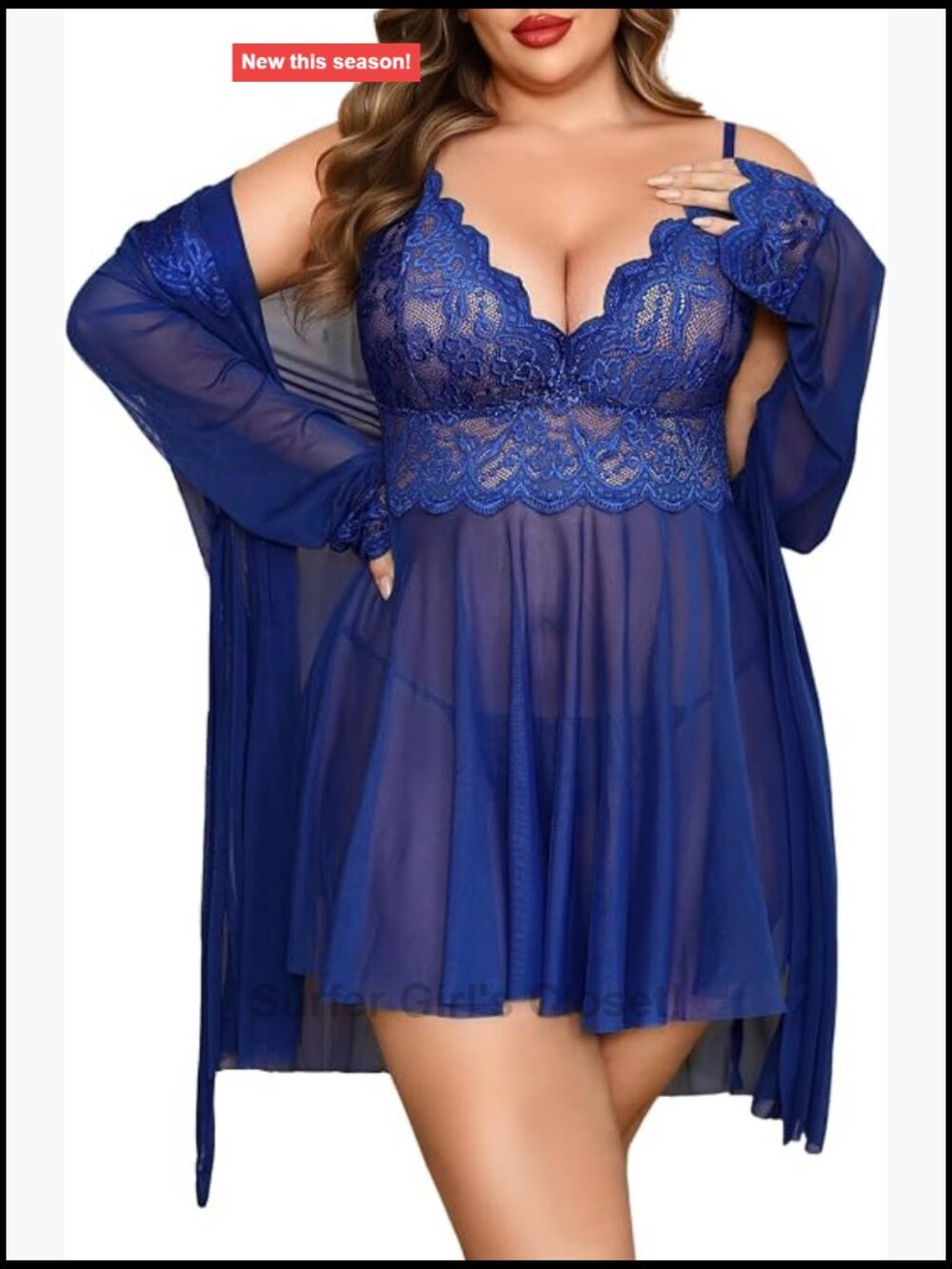 Plus Size Lace Chemise Lingerie Set with Robe, Deep V Neck, Side Slit, 4 Piece